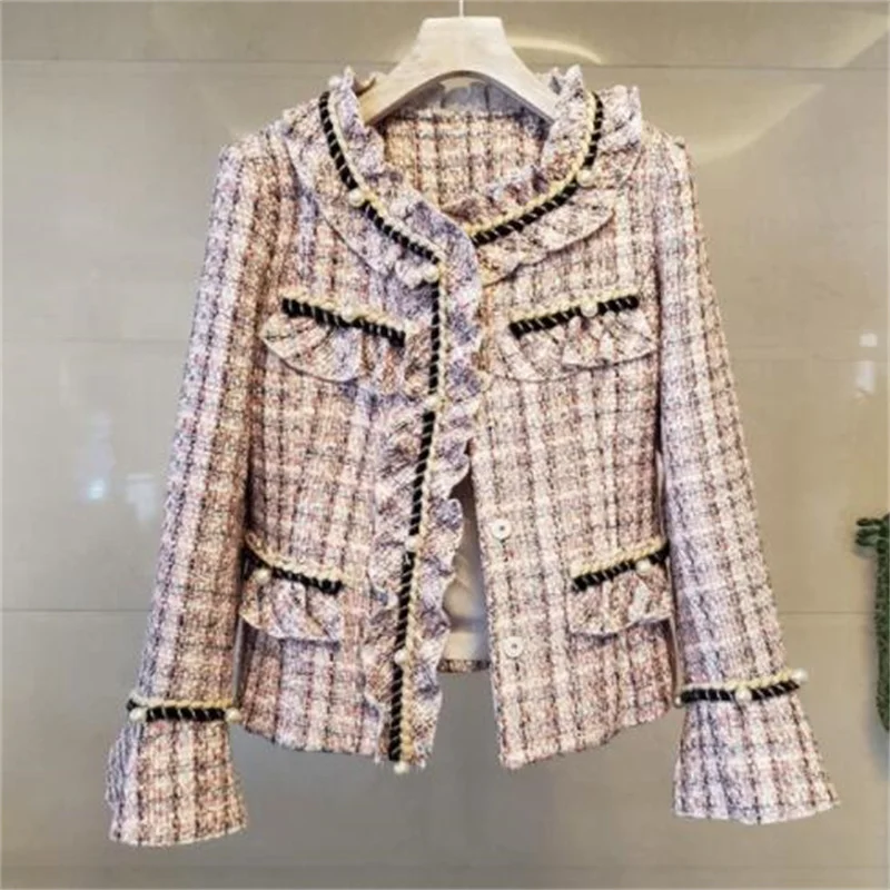 Autumn short jacket women's coats winter all-match tweed trumpet-sleeved long-sleeved small fragrance beaded button clothes