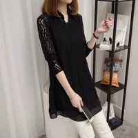 elegant fashion new polo neck chiffon shirt long knitted hollow out lace sweaters cardigan solid two piece set womens clothing