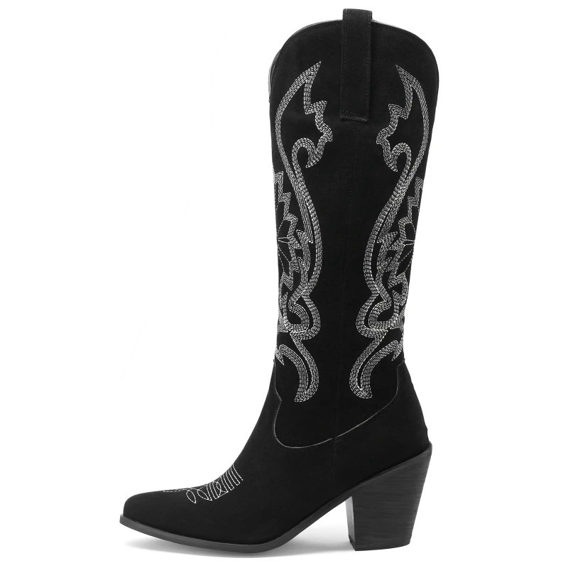 

Blue Cowboy Boots For Women Mid Calf Embroidered Western Cowgirl Boots Pu Leather Pointed Toe Plus Big Yard 40 -43 Causal Shoes