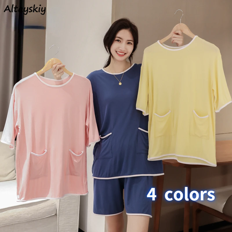 

Pajama Sets Women O-neck Home Loose Casual Can Be Worn Outside Summer Thin Pockets All-match Fashion Girlish Sleepwear Female