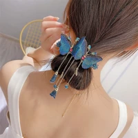 2022 new blue embroidered butterfly tassel hairpin spring clip back head flower design for niche hair accessories female