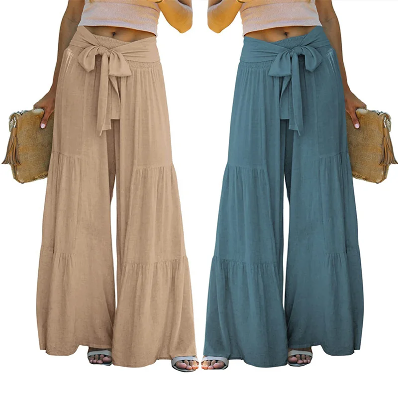 

Брюки женские с широкими штанинами, свободные дышащие штаны с завышенной талией, с бантом и поясом-кулиской, уличная одежда, лето