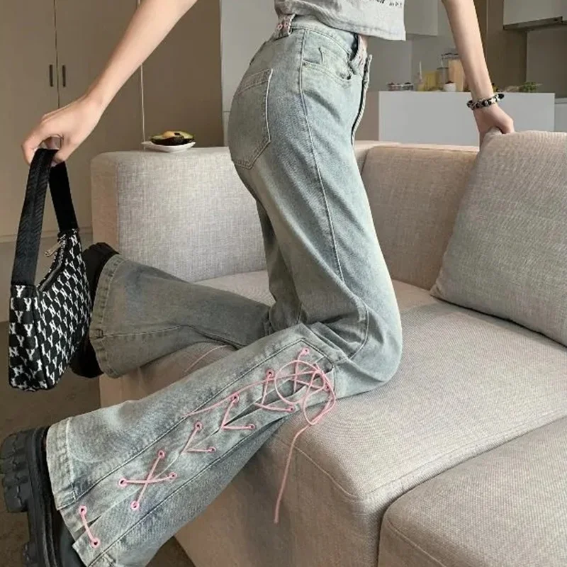 

Y2K High Waist Jeans Women Vintage Bandage Slit Slim Flare Denim Pants Female Korean Streetwear Casual Wide Leg Trousers