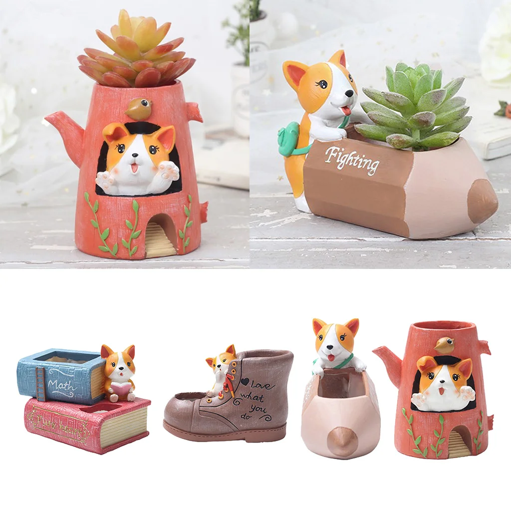 

Creative Resin Succulent Pot Corgi Figurines Storage Box Home Desktop Decor