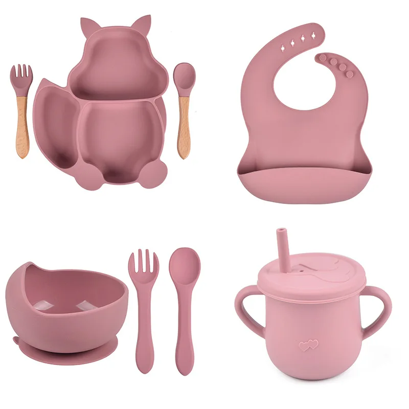 ZK20 8PCS/Set Baby Silicone Sucker Bowl Plate Cup Bibs Spoon Fork Sets Children Non-slip Tableware Baby Feeding Dishes BPA Free