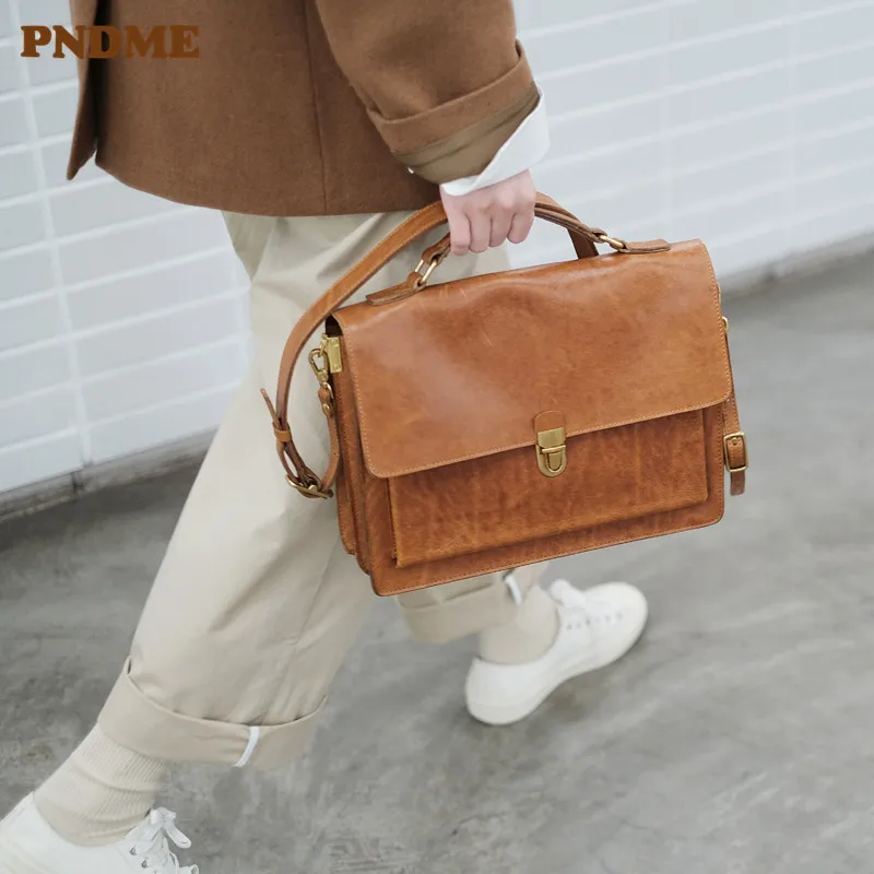 PNDME fashion luxury genuine leather women's briefcase designer business casual real cowhide work handbag lock messenger bag