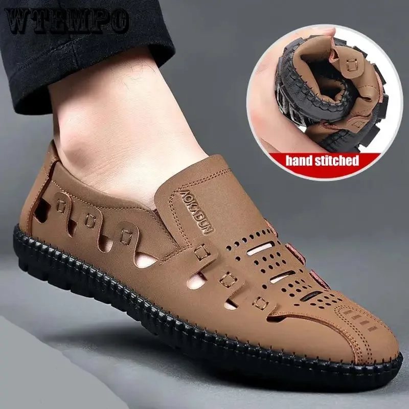 

Leather Sandals for Men Summer Hollow Out Shoes Breathable Hole Shoes Flat Shoes Youth Sandals Slip-on Beach Sandals Non-slip