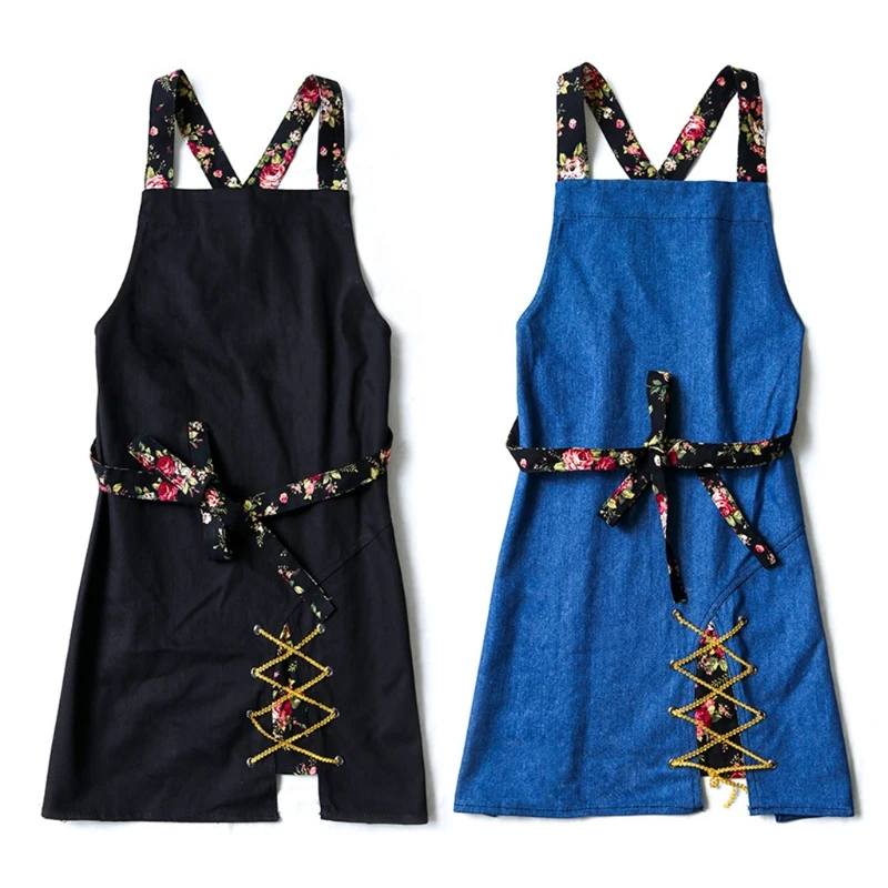 

Women Pastoral Floral Strap Retro Apron Split Hem Bandage Adjustable Long Ties Kitchen Canvas Aprons Bib for Flower