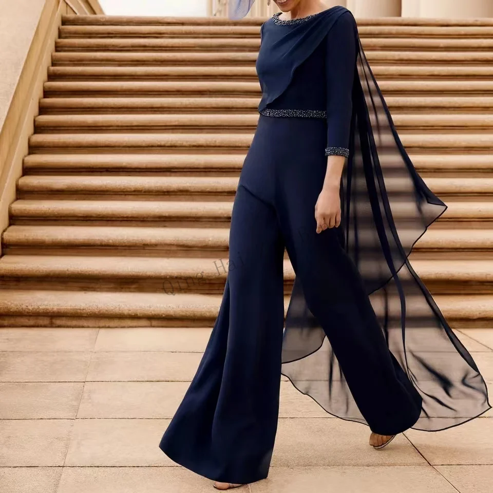 

Модные темно-синие женские вечерние платья, женские брюки, костюмы для матери жениха, шифоновые брюки, платья для матери невесты, бесплатная доставка