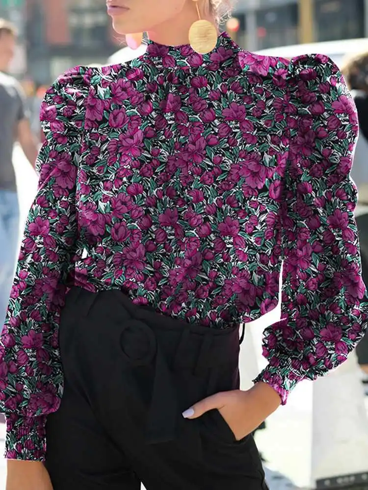 

ZANZEA OL Blouses Stylish Long Puff Sleeve Tops Autumn Elegant Women Floral Shirts Casual Office Blusas Work Office Chemise 2022