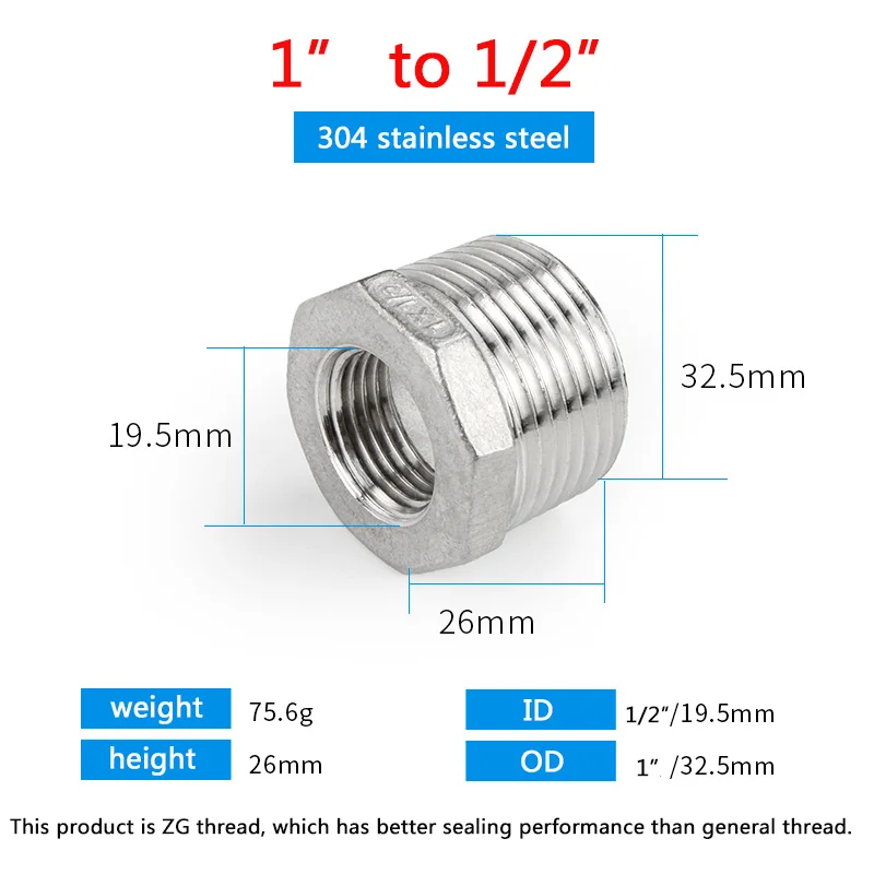 

Переходник нержавеющая сталь M/F G1", 1/4", 1/2" DN20