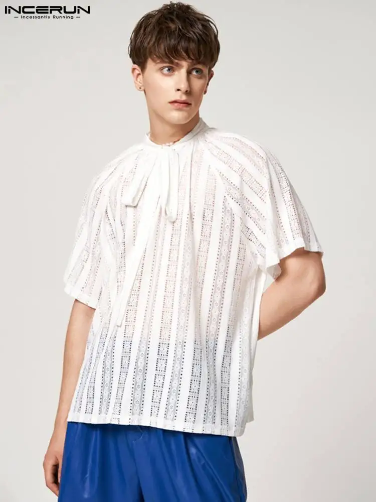 INCERUN Tops 2022 American Style Men's Small Mesh Shiny Blouse Fashion Casual Male Short-sleeved Loose Comfortable Shirts S-5XL