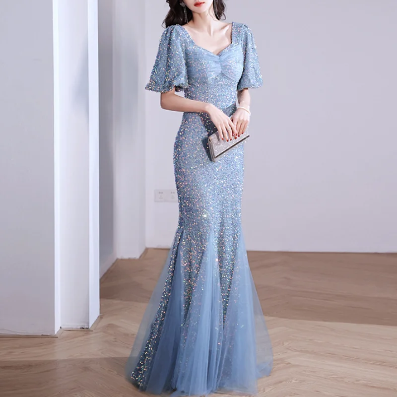 

Sequined Square Collar Evening Dresses Puff Sleeve Slim Waist Formal Dress Women Elegant Trumpet Female Wedding Party Dress
