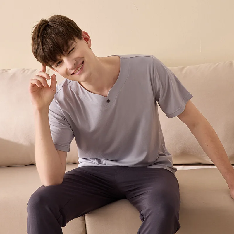 2022 New Summer 40S Cotton Pajamas Sets Men Homewear Boy High Quality Short Sleeve Night Sleep Pants