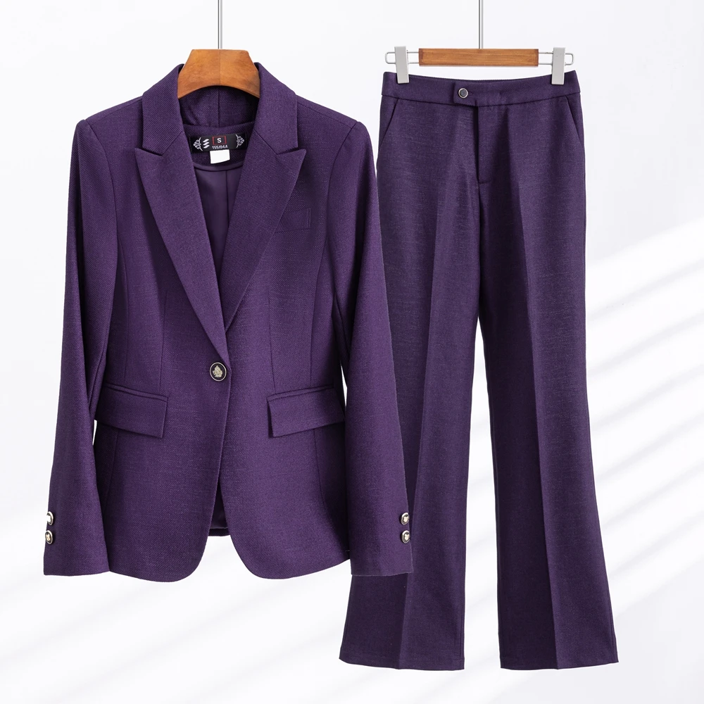 

2022 Autumn Formal Ladies Purple Blazer Women Business Suits with Sets Work Wear Office Uniform Large Size Pants Jacket Spring