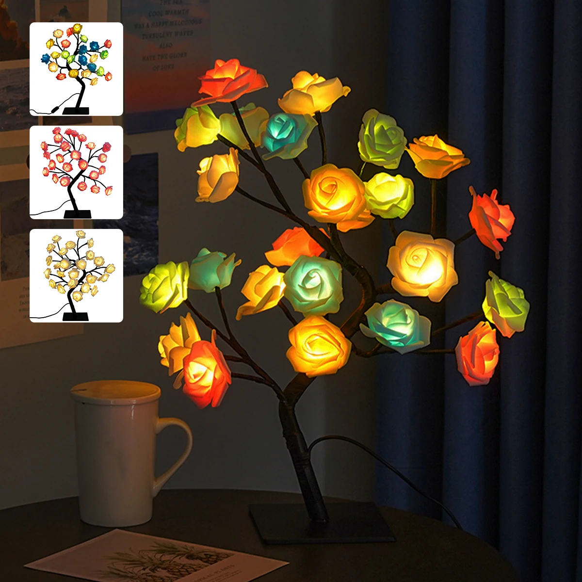

Colorful Floral Night Light Rose Flower Tree Lights USB Powered Table Lamp for Home Party Christmas Wedding Bedroom Decoration