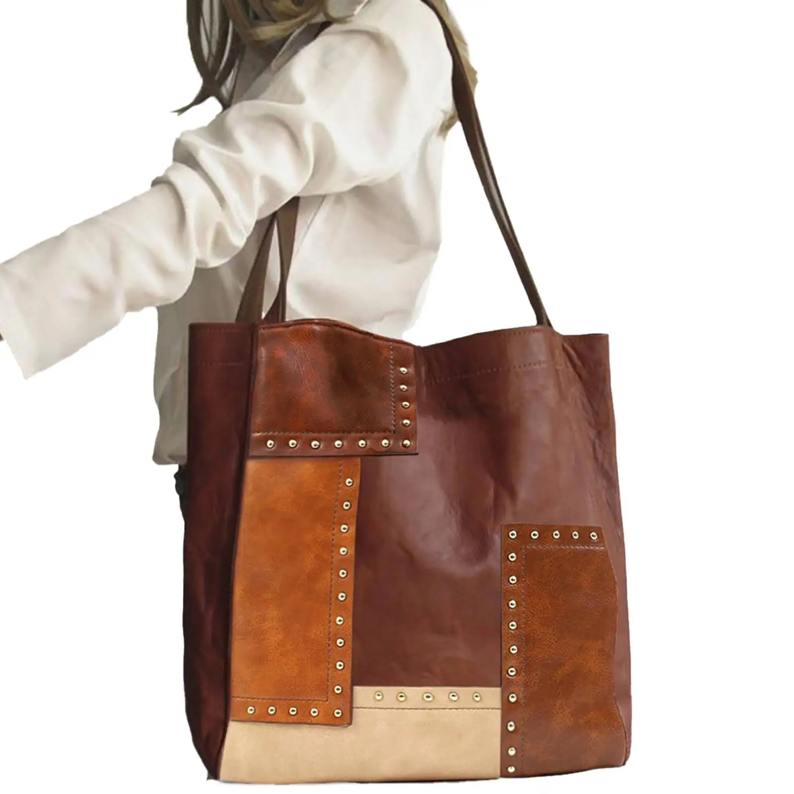 

2022 New Luxury Women PU Leather Shoulder Bag Waterproof Handbag Vintage Rivet Color Block Large Capacity Shoulder Bag Totes