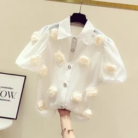 2022 summer new three dimensional flower chiffon shirt top elegant female women short sleeve shirts womens loose white blouse
