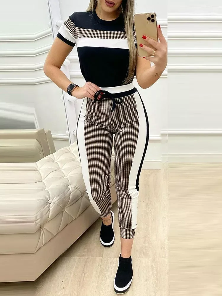 

Striped Short Sleeve Tape Top & Drawstring Pants Set Casual Basic Women Two Piece Set