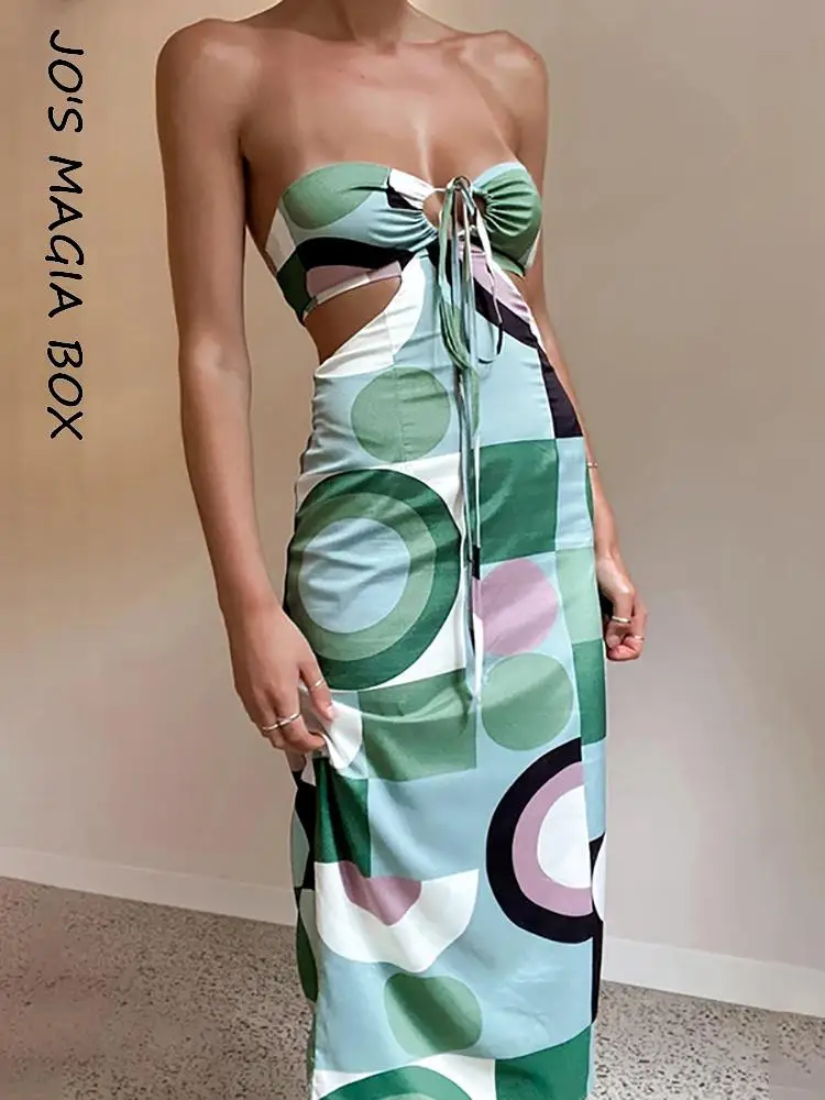 

Jo's Magia Box Print Hollow Out Bodycon Sexy Maxi Woman Dress 2022 Summer Party Club Elegant Strapless Backless Women Dresses