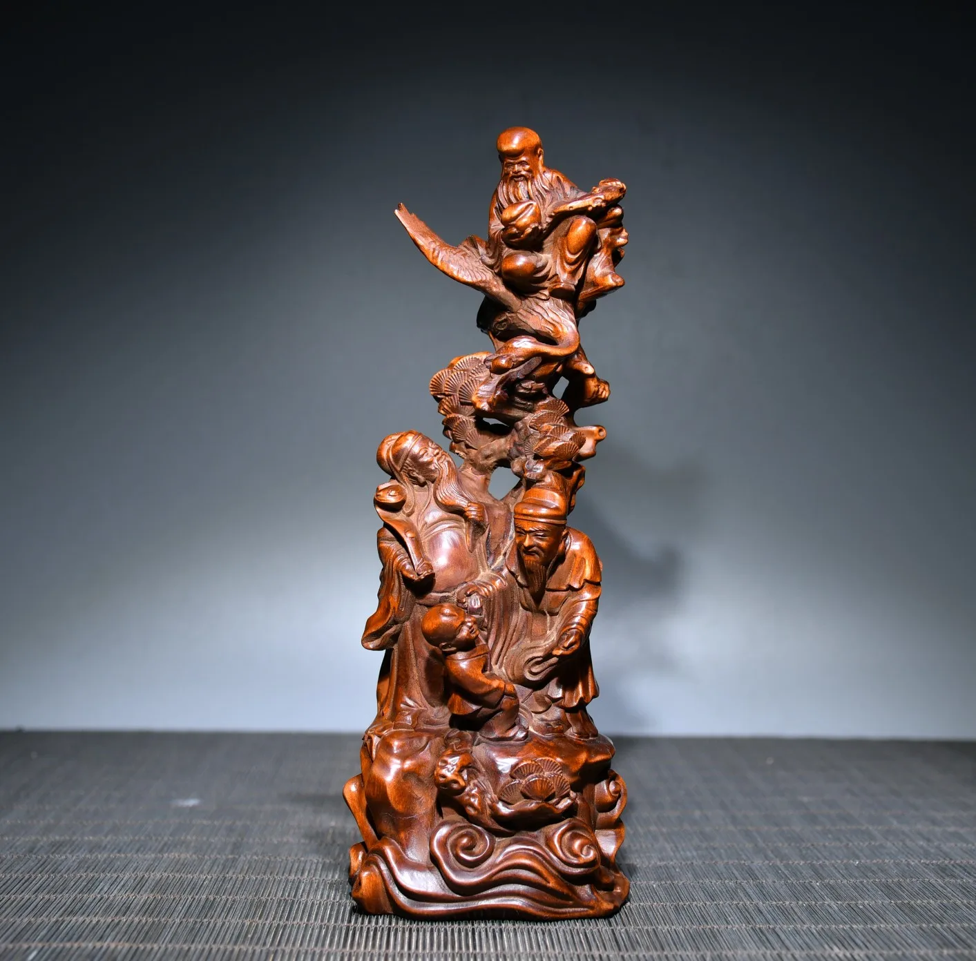 

7" Chinese Folk Collection Boxwood Fu Lu Shou Samsung longevity bless Gather fortune office ornament Town house Exorcism