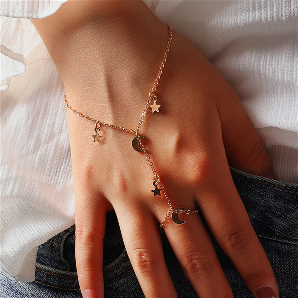 Vintage Punk Star Moon Ring With Bracelet Link Wrist Chain Finger For Women Charms Ring Lady Trendy Aesthetic Jewelry Gift
