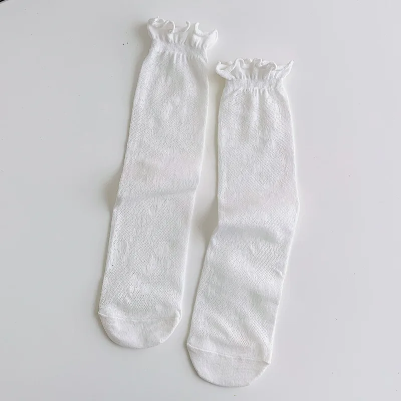JK Harajuku Lolita Women's Short White Socks White Fungus Edge Mesh Thin Japanese Sweet Girl Middle Tube