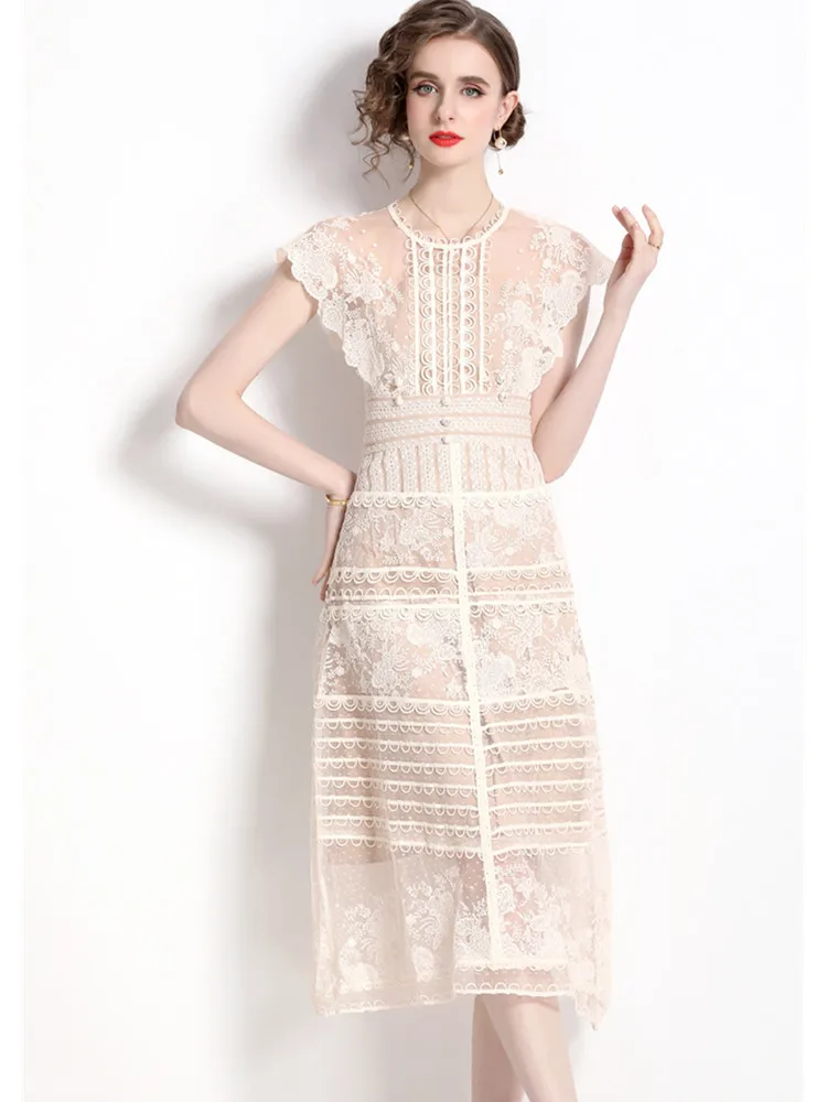 Женское Сетчатое платье средней длины элегантное подиумное кружевное в стиле