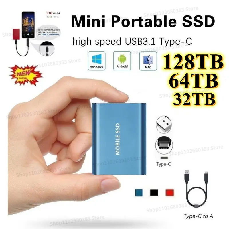 

Portable 8TB/16TB/32TB/128TB mobile hard disk C-type SSD shockproof aluminum alloy solid state disk USB 3.0 transmission speed