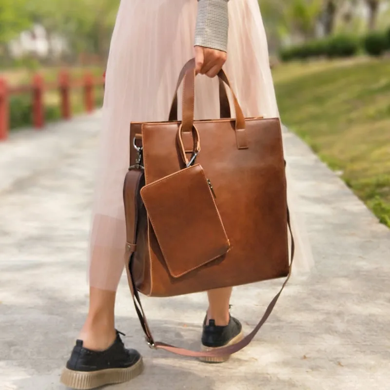 

Crazy Horse Leather Women Handbags Shopping Crossbody Tote Bag Vertical Briefcase Portable Laptop Shoulder Messenger File Bag