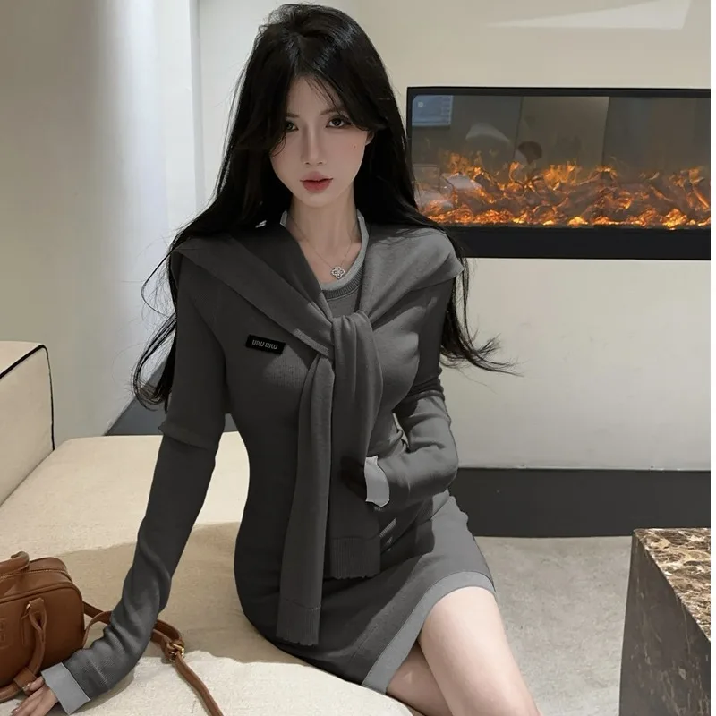 @ Real Shot Price New ~ Korean Series Sweet All-Match Color Matching Waist Hugging Long sleeve Knitted Hip Skirt Women w...