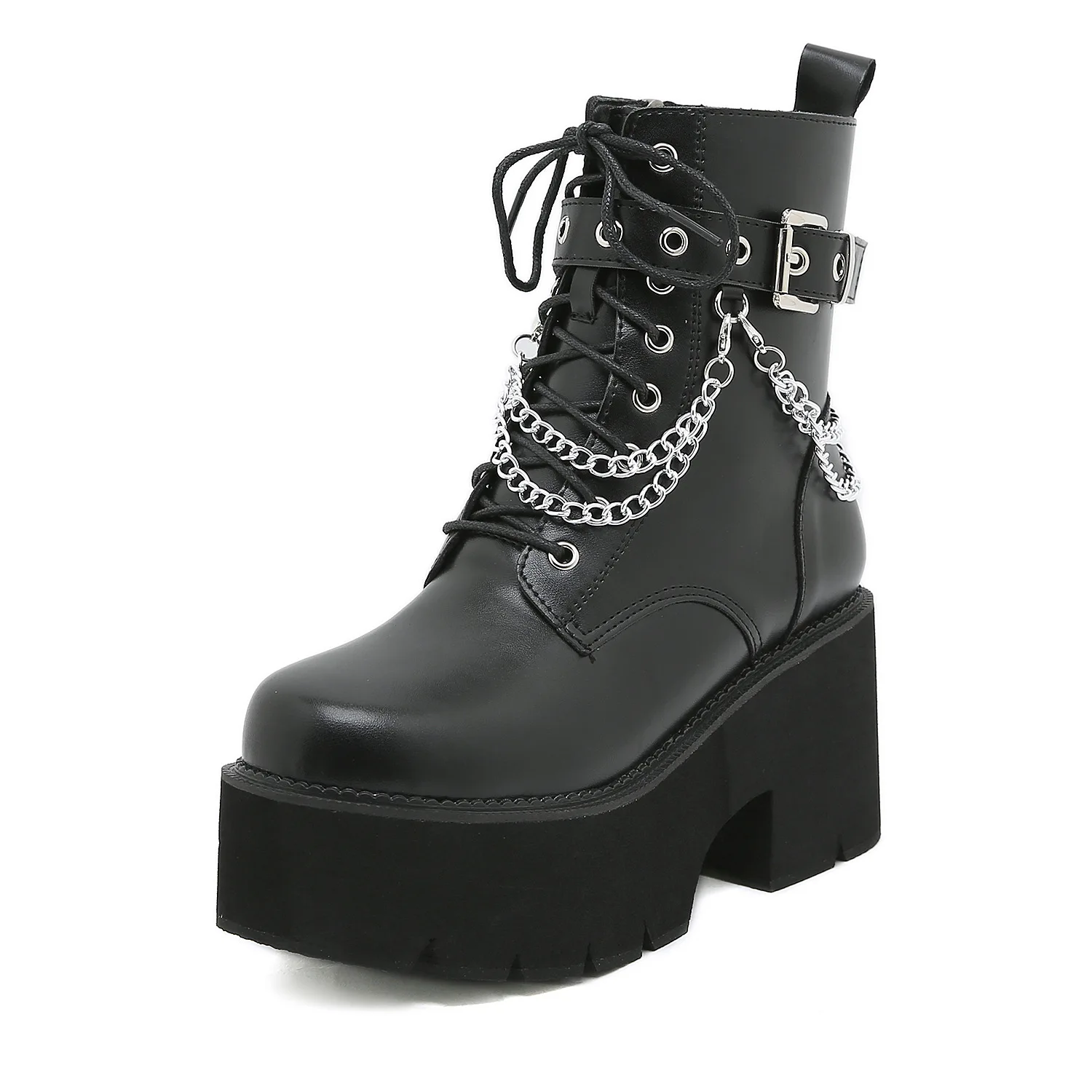 

Martin Boots Women's Black Short Boots High-heeled Boots Thick-heeled Platform Shoes Side Zipper Women's Chain Buckle Booties