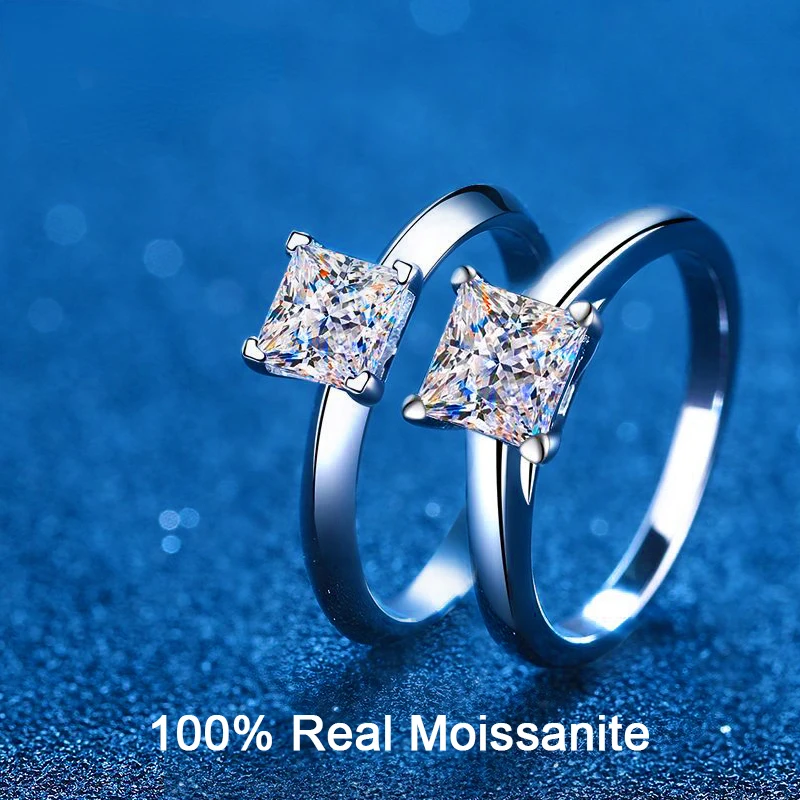 

100% Real Moissanite 2CT Engagement Ring Princess Cut Diamond Sterling Silver Rhodium Plated Promise Bridal Ring