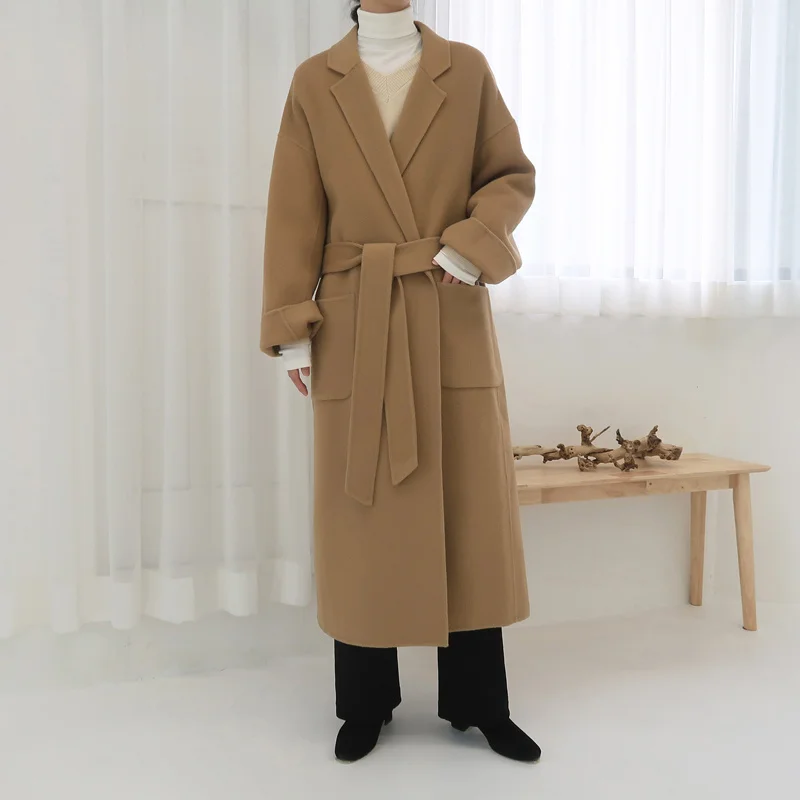 

Осень 2023, двухсторонние шерстяные пальто, женские модные черные длинные куртки с поясом, Корейская женская одежда, Casaco Feminino Gmm215