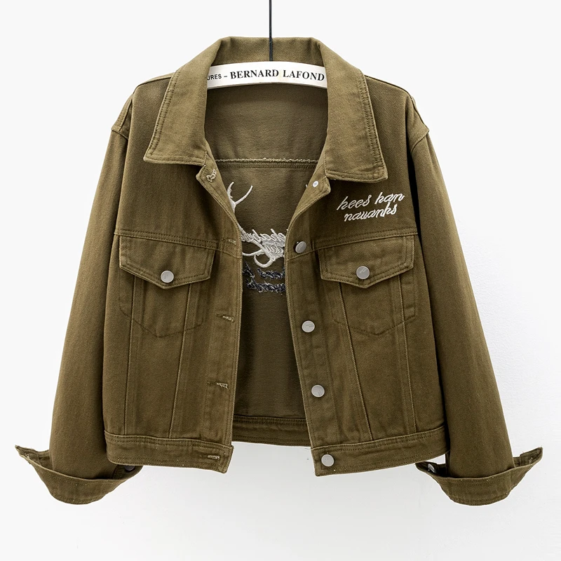 

Letter Embroidery Denim Jacket Women 3 Color Loose Short Outerwear Spring Korean Big Pocket Long Sleeve Jeans Jacket Coat Female