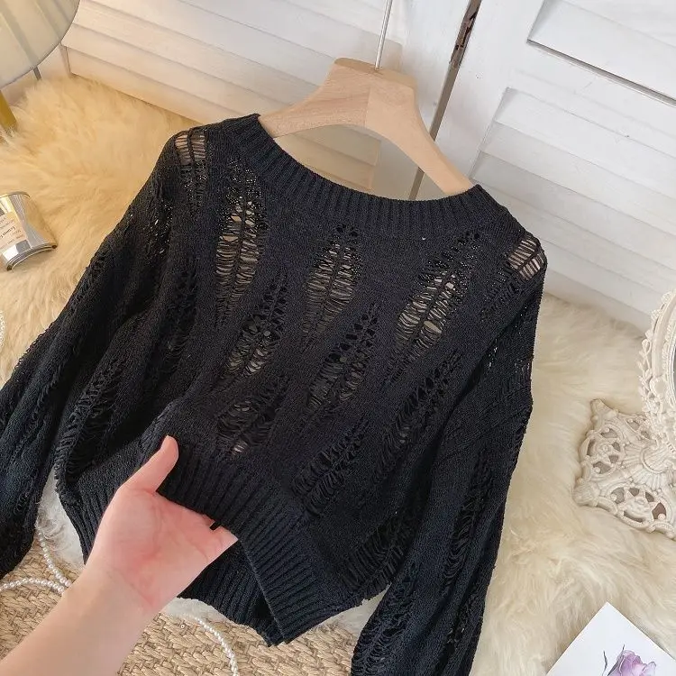 Свободный короткий свитер с вырезами вязаная Солнцезащитная рубашка джемпер