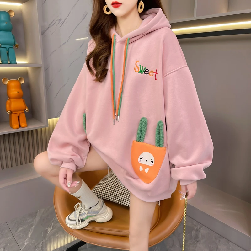 

Autumn and winter new casual and versatile cotton tops female bunnies plus velvet thickened hooded sweatshirt