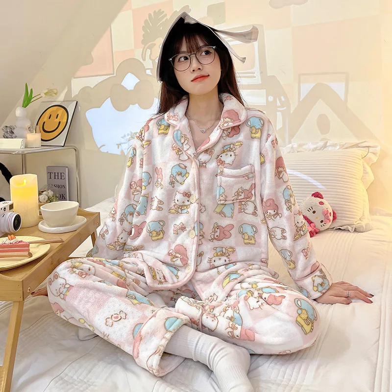 

Hello Kittys Pajamas Sanrio Cinnamoroll Anime Cartoon Autumn Winter Coral Fleece Student Keep Warm Comfortable Loungewear Set
