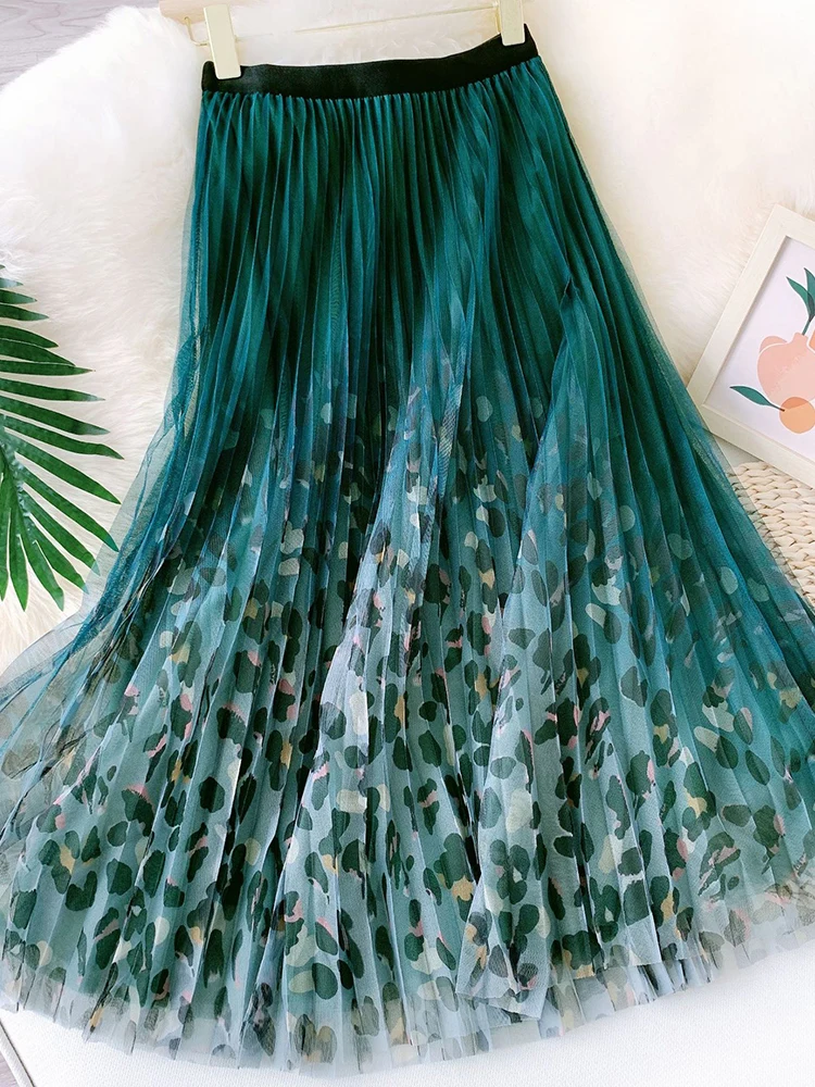 Женская трехслойная плиссированная юбка миди TIGENA зеленая длинная