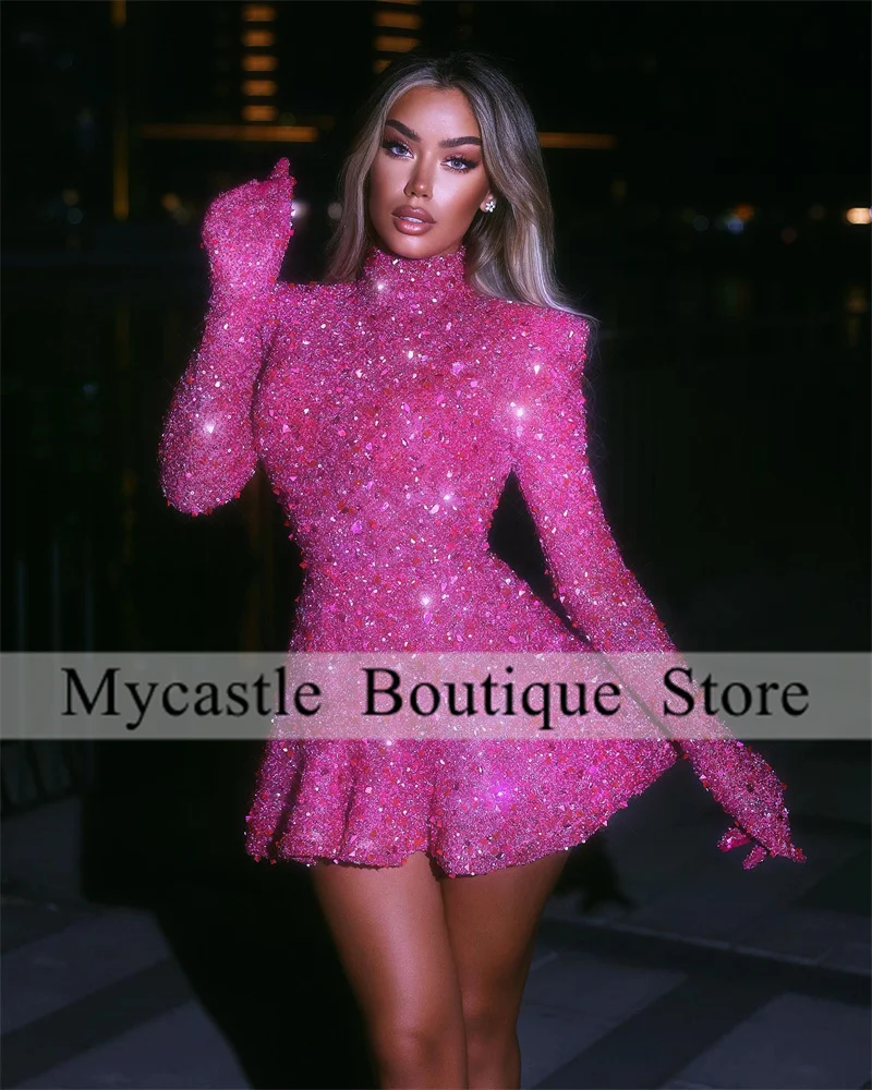 

New Arrivals Pink Mini Cocktail Dresses 2023 Beaded Lace High Neck Full Sleeves For Women Short Ball Gown Birthday Party Dress