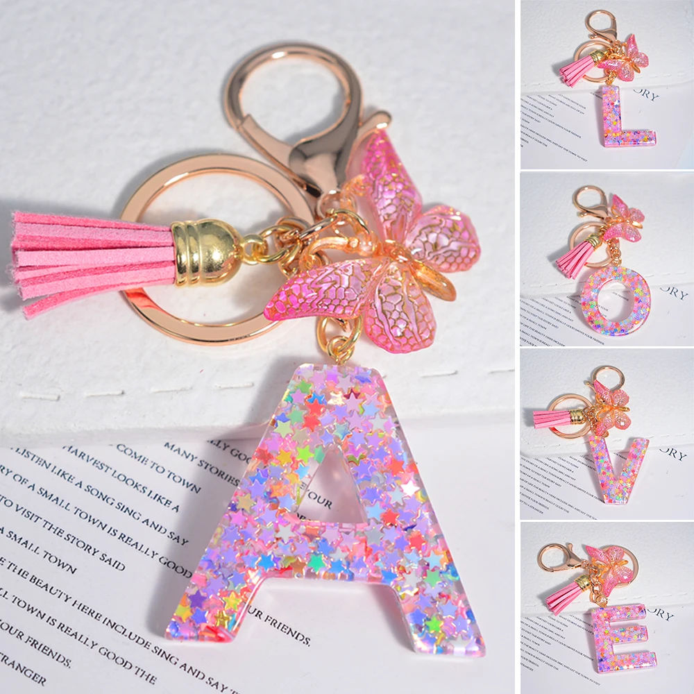 

26 Letter A-Z Initials Keychain Stars Sequin Filled Key Ring Pink Butterfly Pendant With Tassels Handbag Accessories for Women