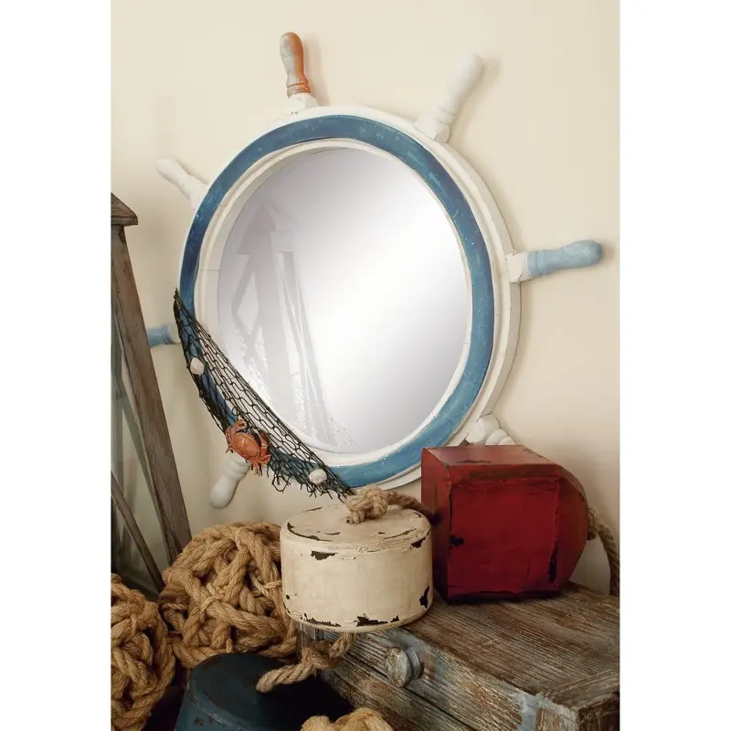 

25" x 25" White Ship Wheel Sail Boat Wall Mirror with Netting Accent