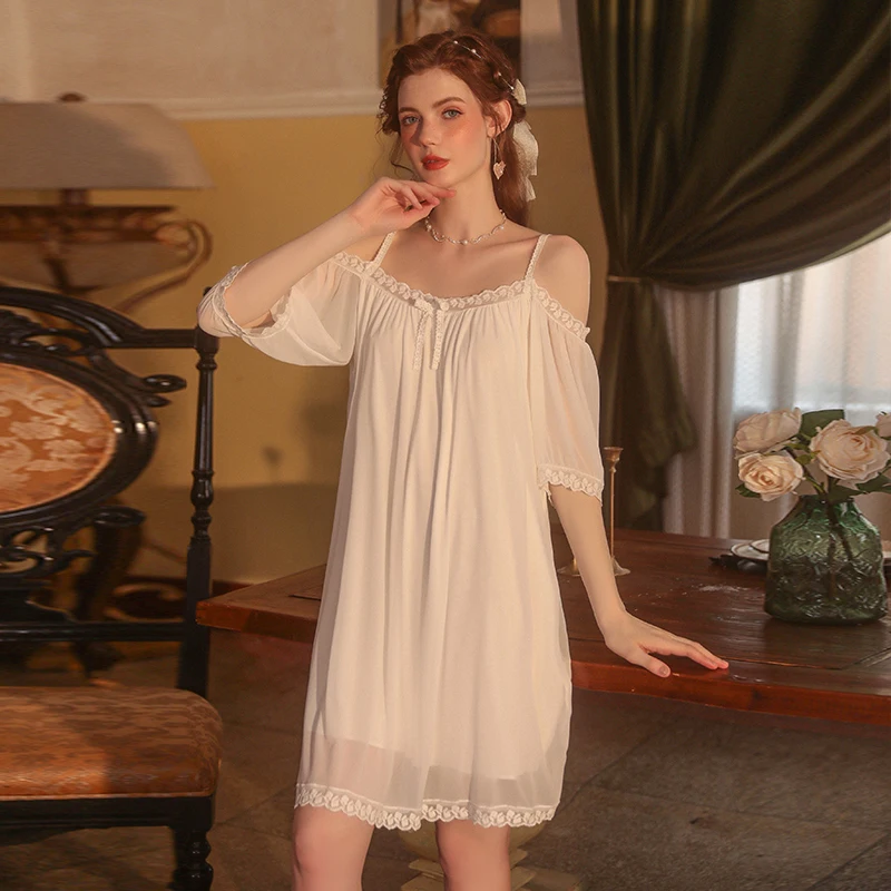 Women's Lolita Dress Crew Neck Princess Sleepshirts Vintage Ruffle Loose Nightgowns Underwear Cute Nightdress Lounge Sleepwear