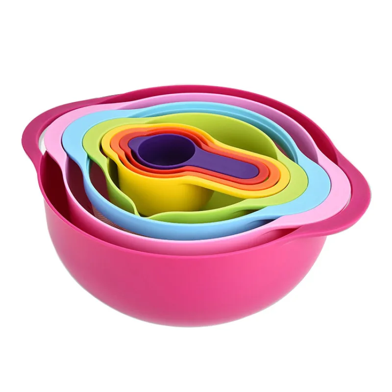 

Baking Tool Set Measuring Spoon Measuring Cup 8-Piece Rainbow Bowl Multifunctional Washing Basket Powder Sieve 8pcs/1lot