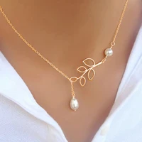 hmes new fashion retro woman stainless steel necklace leaf pendant pearl simple necklace party accessories gift