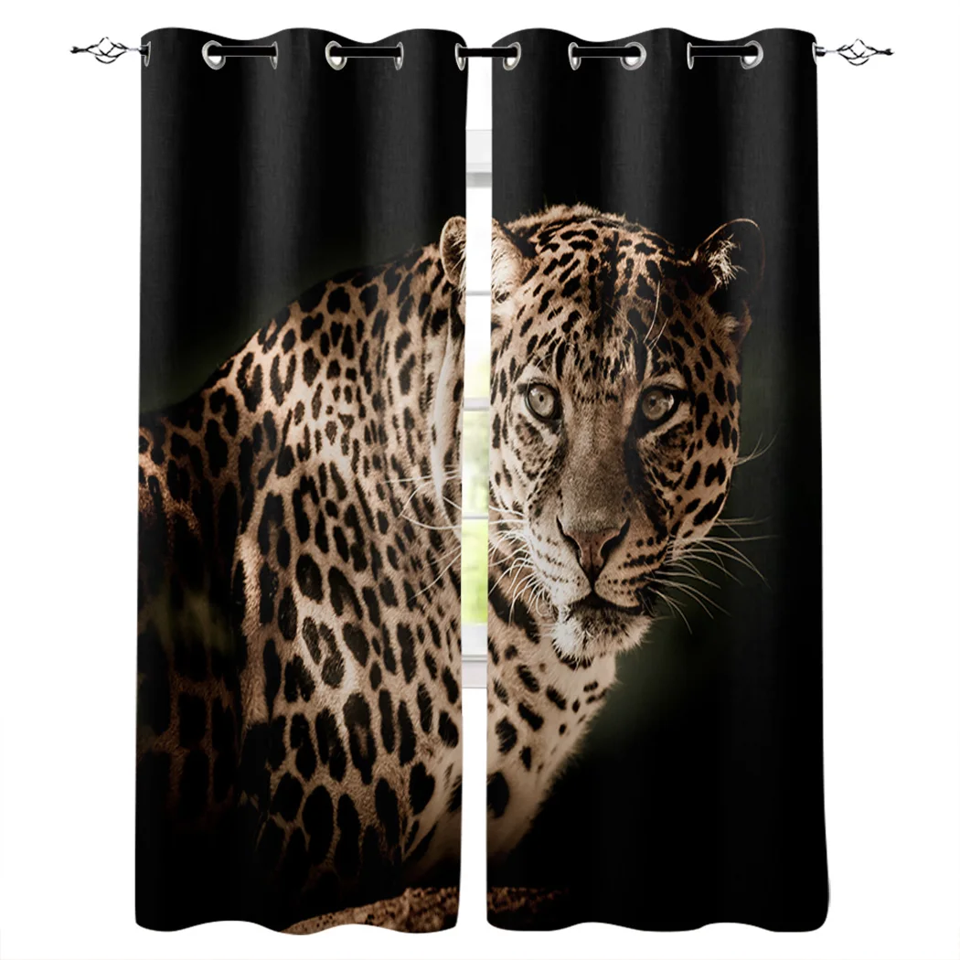 

Leopard Black Background Window Curtains for Living Room Bedroom Kitchen Window Treatments Home Decor Cortinas