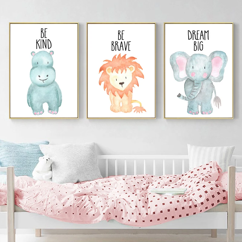 

Nordic Simple Watercolor Cartoon Animal Elephant Lion Zebra Giraffe Wall Art Canvas Painting Posters For Kids Room Home Decor