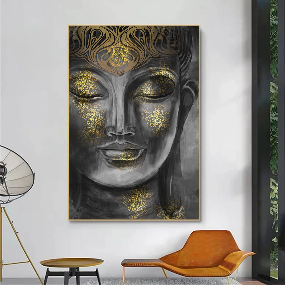 

Golden Buddha Statue Oil Painting On Canvas Minimalist Art Posters Prints Wall Picture For Living Room Modern Home Decor