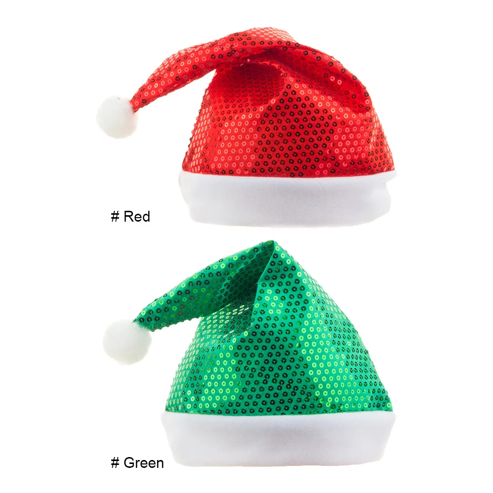 Забавные праздничные шапки с блестящими пайетками. Красная и зеленая шапка для