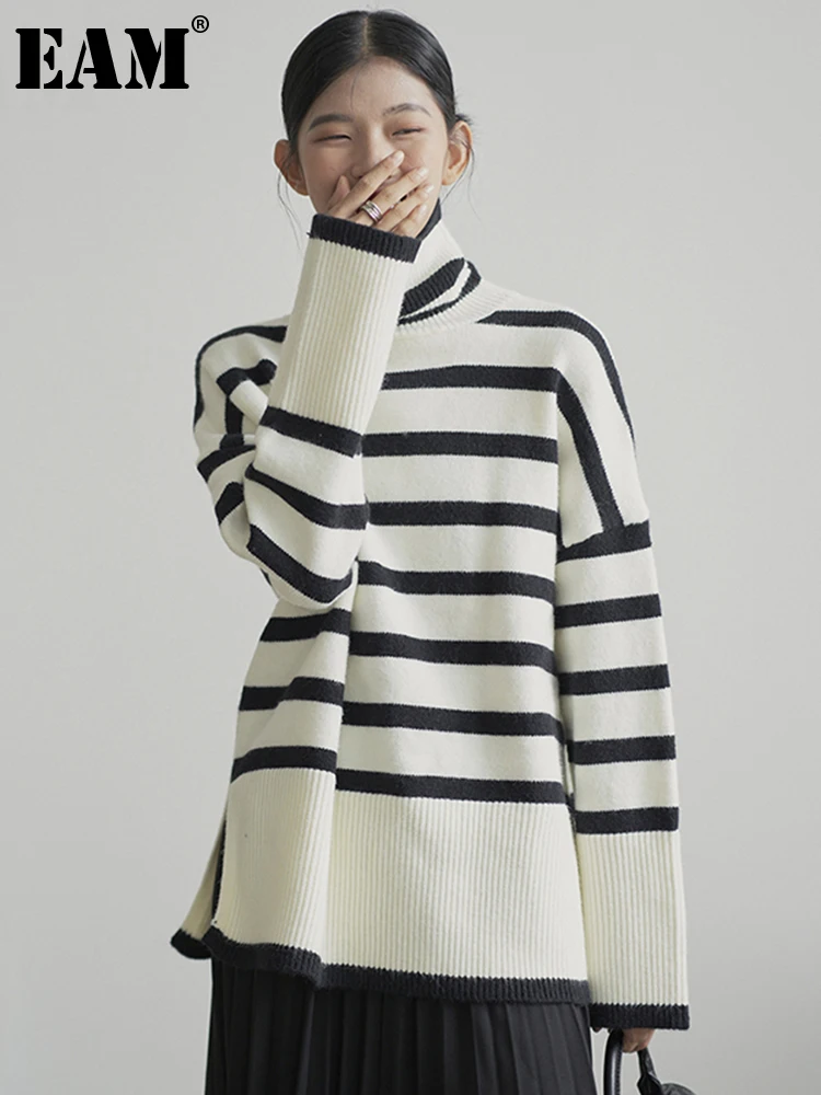

[EAM] White Striped Big Size Knitting Sweater Turtleneck Long Sleeve Women Pullovers New Fashion Tide Autumn Winter 2022 1DE5015